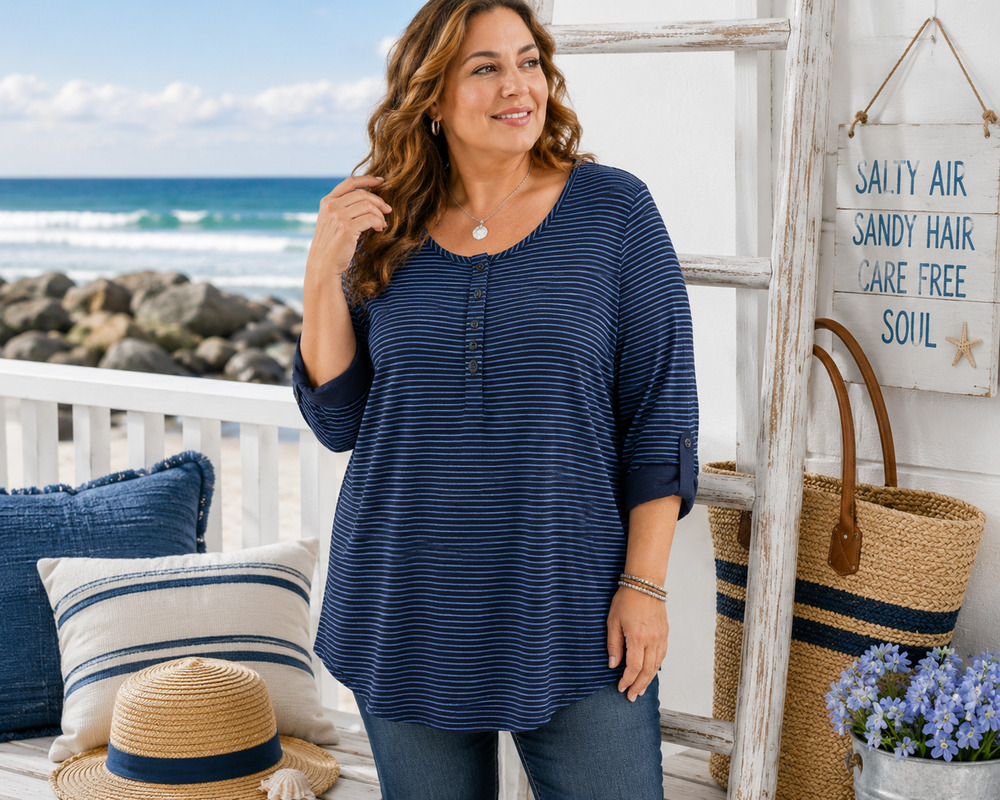 Vintage America Women’s XXL Blue Striped Henley Tunic Top Cotton Blend NWT